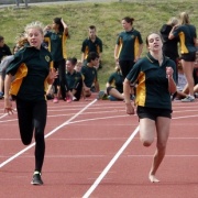 Internationally ranked speed skater Renee Teers (2nd left) reveals her running form in the WHS Intermediate girls 100m heat at Cooks Gardens, Chron 9/3/17.