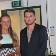 Jessica Watkin with professional Ben Smith at her side as she claimed her fourth successive JUNIOR CRICKETER OF THE YEAR title, April 2016.