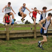 Wanganui Harriers athletes Liam Jones (WHS student - arms raised) & Thomas Conder (right) finished a creditable 4th (Jones) & 5th in the older U20 men div of the Hughes Memorial in Hawera, June 2017.