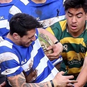 Metro first-five & ex WHS student Hareangi Meihana takes on WHS tackler Sheldon Pakinga-Manhire.  WHS 1st XV victorious in the 1st Whanganui derby of Manawatu Colts comp, Chronicle 20/6/16.