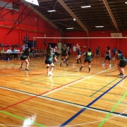 Girls team on defence at NSS Volleyball Champs, Palmerston North, 26 > 31 March 2017.