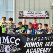 Whanganui Jnr MX Academy riders A Sullivan (left), J Cooper, C Tylee, Riki Wainhouse (WHS student), T Edwards, Logan Smith (WHS student), T England, Alex Luff-Scott (WHS student), M Barron, J Ashworth, T Bullock & L Mallinder, flanked by Nationally ranked No 3 Cody Cooper (left) & No 1 Rhys Carter, Chron 19/4/17.