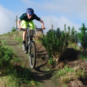 Cameron Russell (WHS) gets some air on a fast downhill section of the exciting new mountain bike course at Araheke in Whanganui, Midweek 6/7/16.