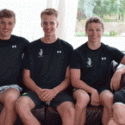 Taking a break in Portugal NZ team members Kurtis Imrie (left) & Wanganui's Toby Brooke, Max Brown & Aiden Nossiter (all former students), Chron 25/7/15.