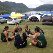 NZSS Waka Ama Nationals 19>23 March 2018; girls preparing for the race.