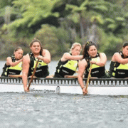 NZSS Waka Ama Nationals 19>23 March 2018; (L>R) Kerwyn Morgan, Mairangi Winter, Taina Nauga, Katelyn Satherley, Iriaka Mason, Mikayla Macdonald.