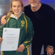 REBECCA BAKER (with coach Greg Fromont) finished 4th Senior Girls NZSS National Champs, 16/6/18.