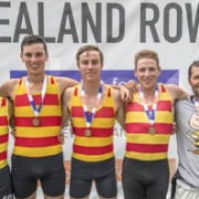 GOLD Medal at NZ Rowing Champs, Lake Karapiro for AWRC senior coxless quad of current/ former students; Levi Carroll, Guy Thomson, Nathan Luff & Luke Watts, along with coach Pedro Figueira, Chronicle 19/2/18.