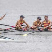 The AWRC crew celebrate crossing the line to win gold at NZ Rowing Champs, Lake Karapiro, Wanganui Chronicle 19/2/18.