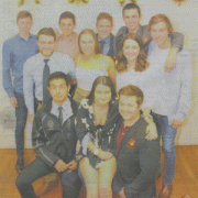 AWRC prizegiving recipients (from back left) Jonty Thompson, James Sandston, Luke Watts, Guy Thompson & Nathan Luff; (middle) Hugh Pawson, Ally Bennett & Rylee Dudley; (front) Levi Carroll & Niamh Mullany on Jacob Groves' knee. All of which are past/present WHS students bar one, Chronicle 1/8/18.