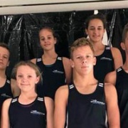 Whanganui swimmers Blair Gowan (left-WHS), Ben White (WHS), Cheyenne Nightingale  (WHS), Nikki Forlong, Jack Robertson, Lucy Somerville  (WHS) & Lennart Nowak  (WHS) with coach Andy McClay are future stars after fantastic results in the pool at the NZ Div 2 meet in Rotorua, Chronicle 28/3/18.