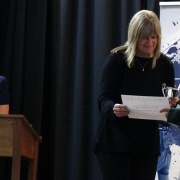 WHS Hockey representative REBECCA BAKER claims her JUNIOR NATIONAL SPORTSWOMAN OF THE YEAR prize from Lisa Murphy at the WSS Sports awards, 31/10/18.  PHOTO / Stuart Munro.